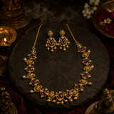 Antique Gold Plated Ruby Stone Temple Necklace Set for Women