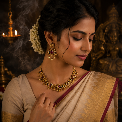 Antique Gold Plated Ruby Stone Temple Necklace Set for Women