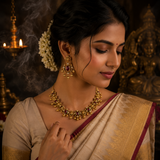 Antique Gold Plated Ruby Stone Temple Necklace Set for Women