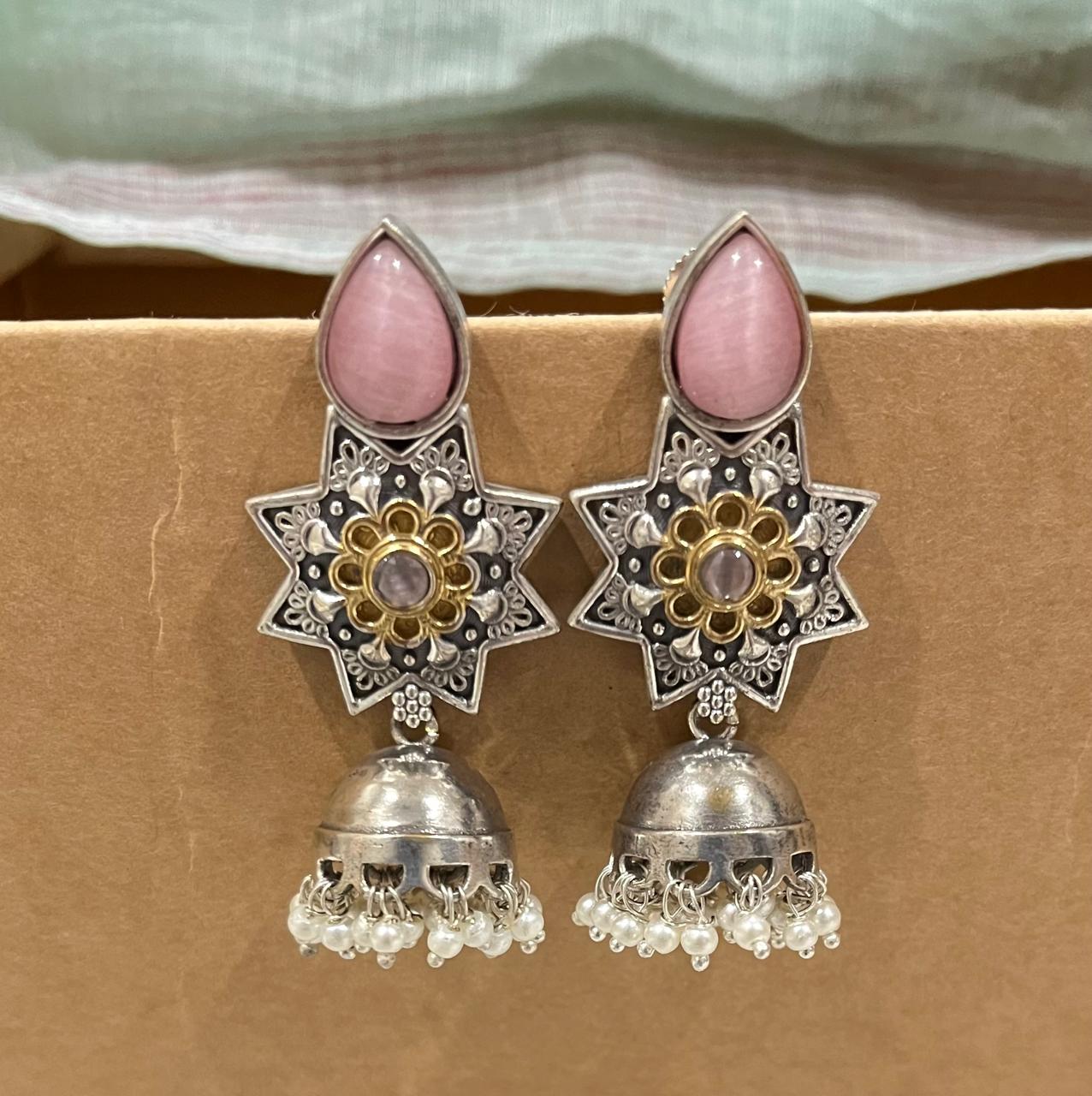 Baby pink stone studded dualtone jhumkhas