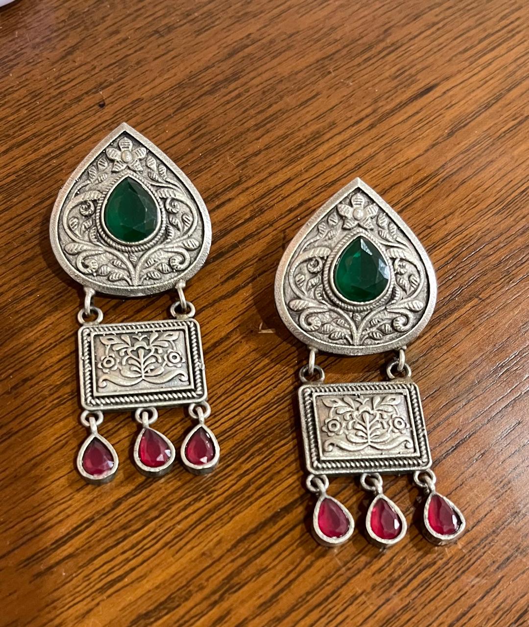 silver replica dull polish stone studded earrings