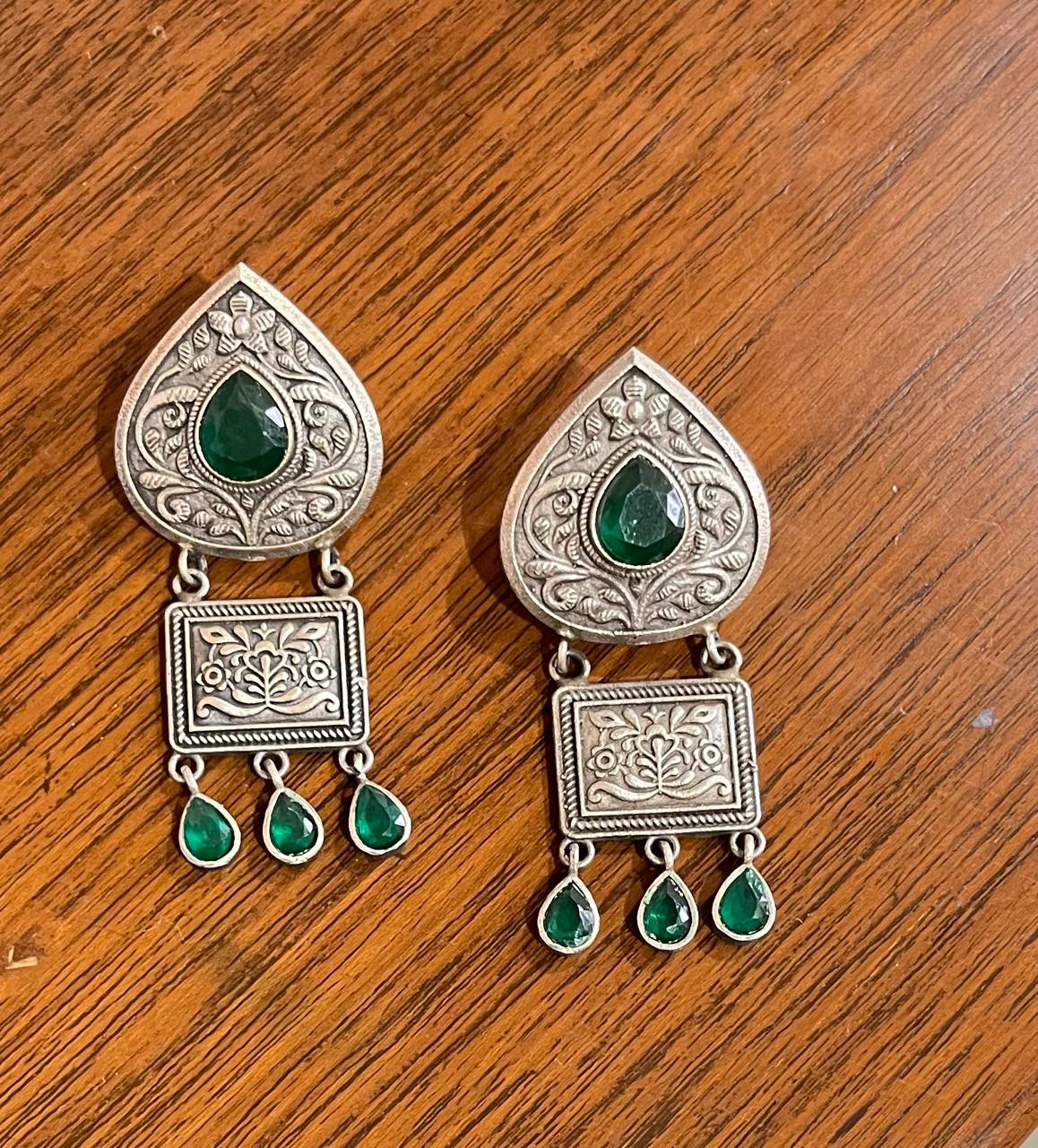 silver replica dull polish stone studded earrings