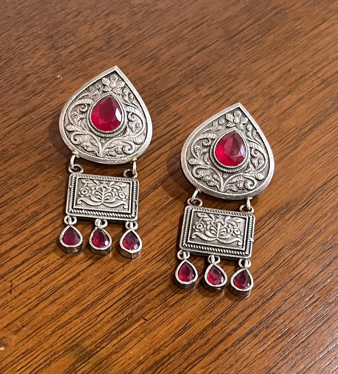 silver replica dull polish stone studded earrings