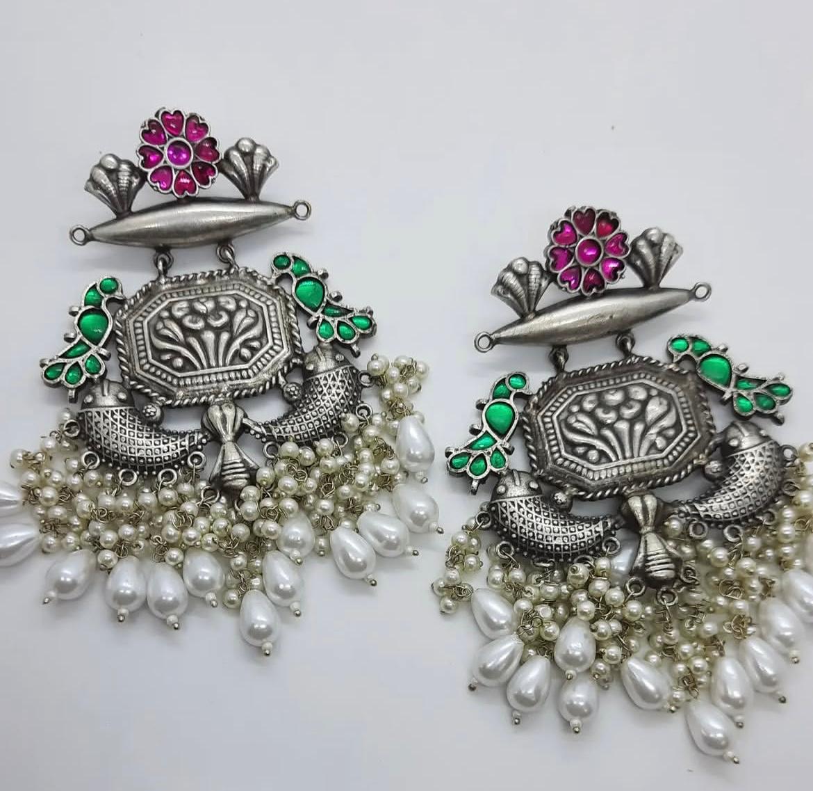Big silver replica earrings with pearl latkans