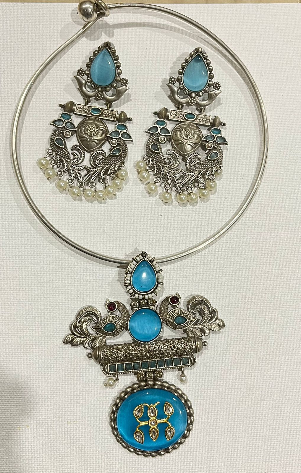 Silver replica stone studded hasadi choker set