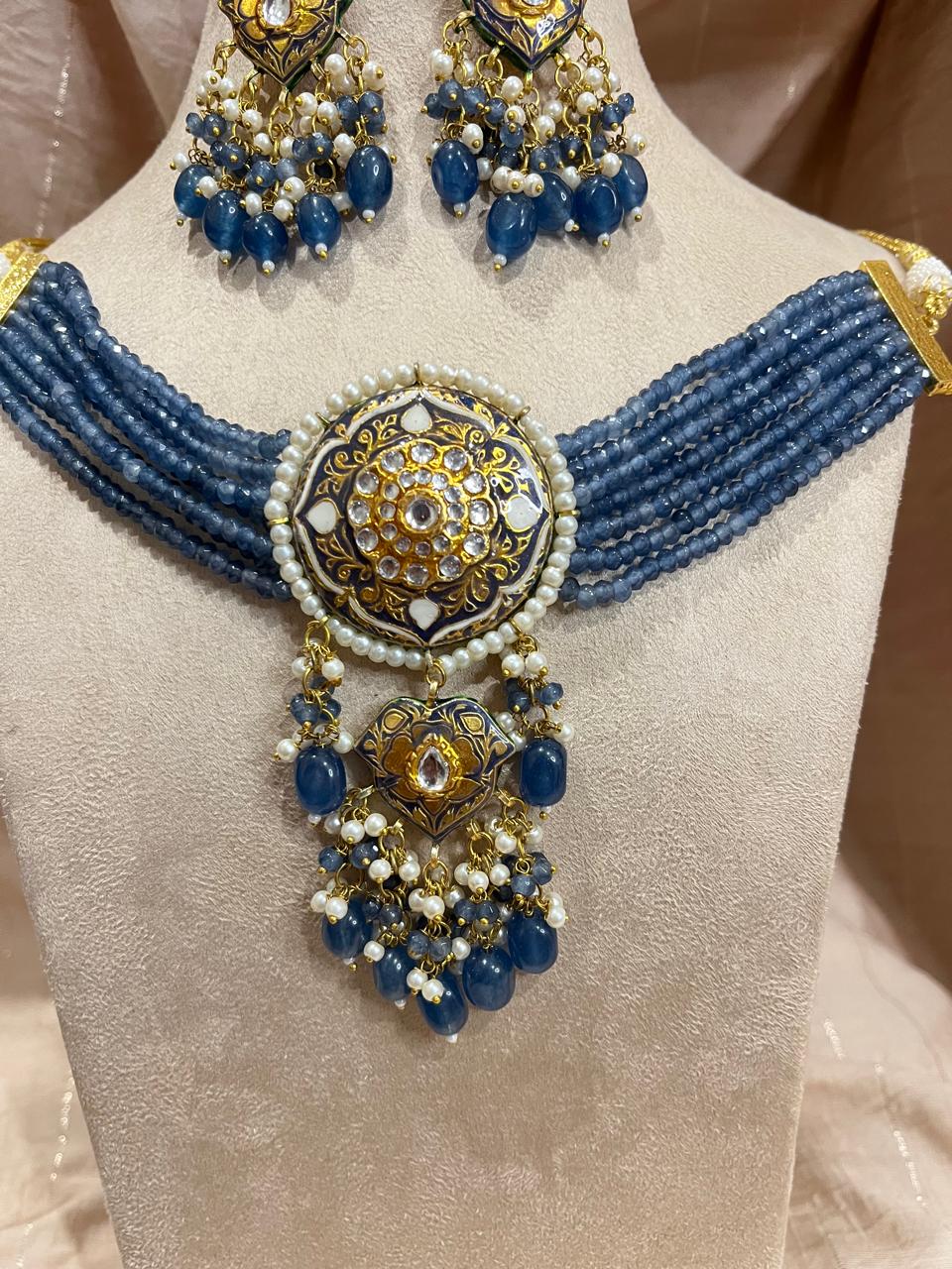 Blue Jadau kundan choker necklace set with earrings