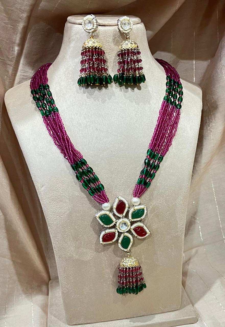 Jadau beads and stone studded necklace set