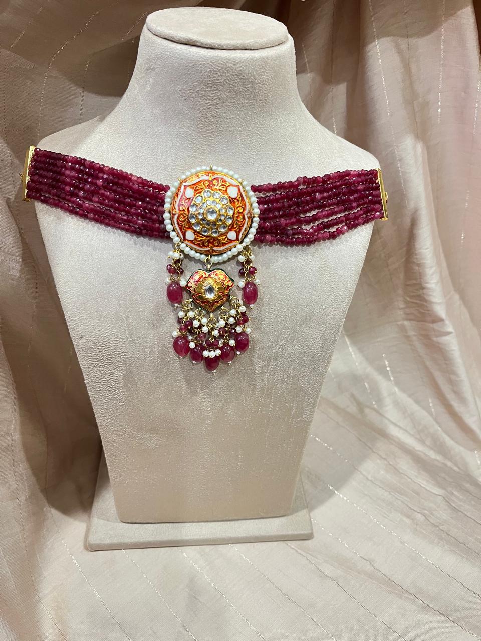 Jadau pendant with semi precious beads choker set
