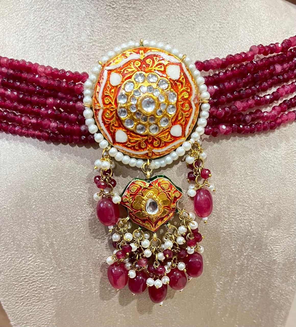 Jadau pendant with semi precious beads choker set
