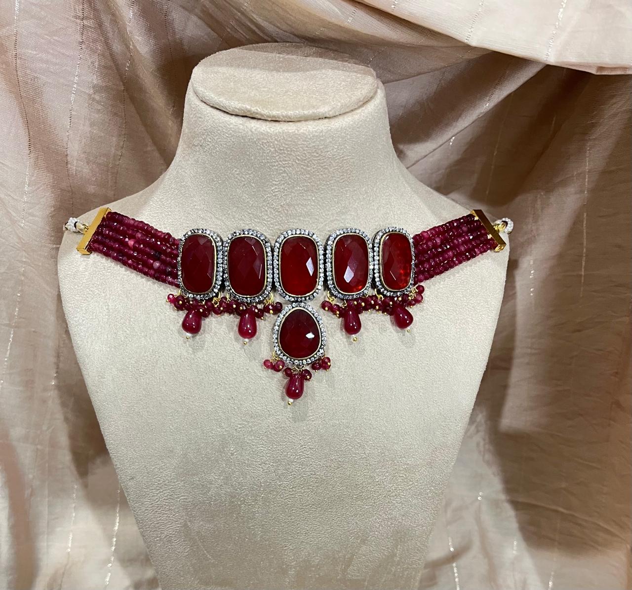 Jadau kundan choker with semi precious beads with earrings