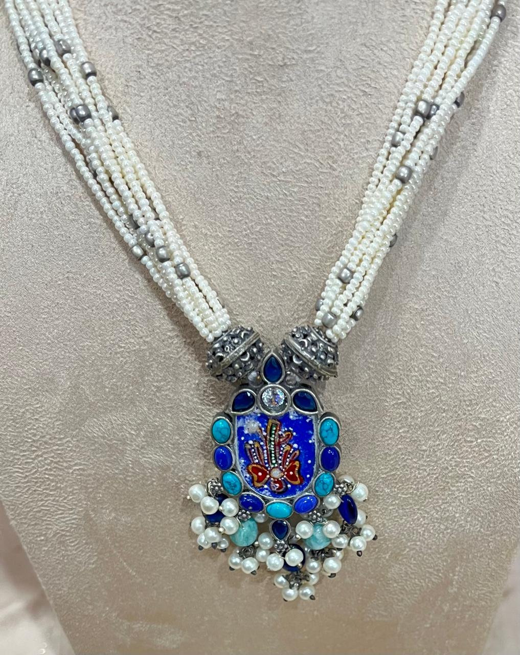 Hand painted pendant with pearl lines necklace