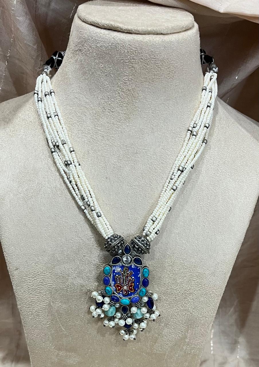 Hand painted pendant with pearl lines necklace