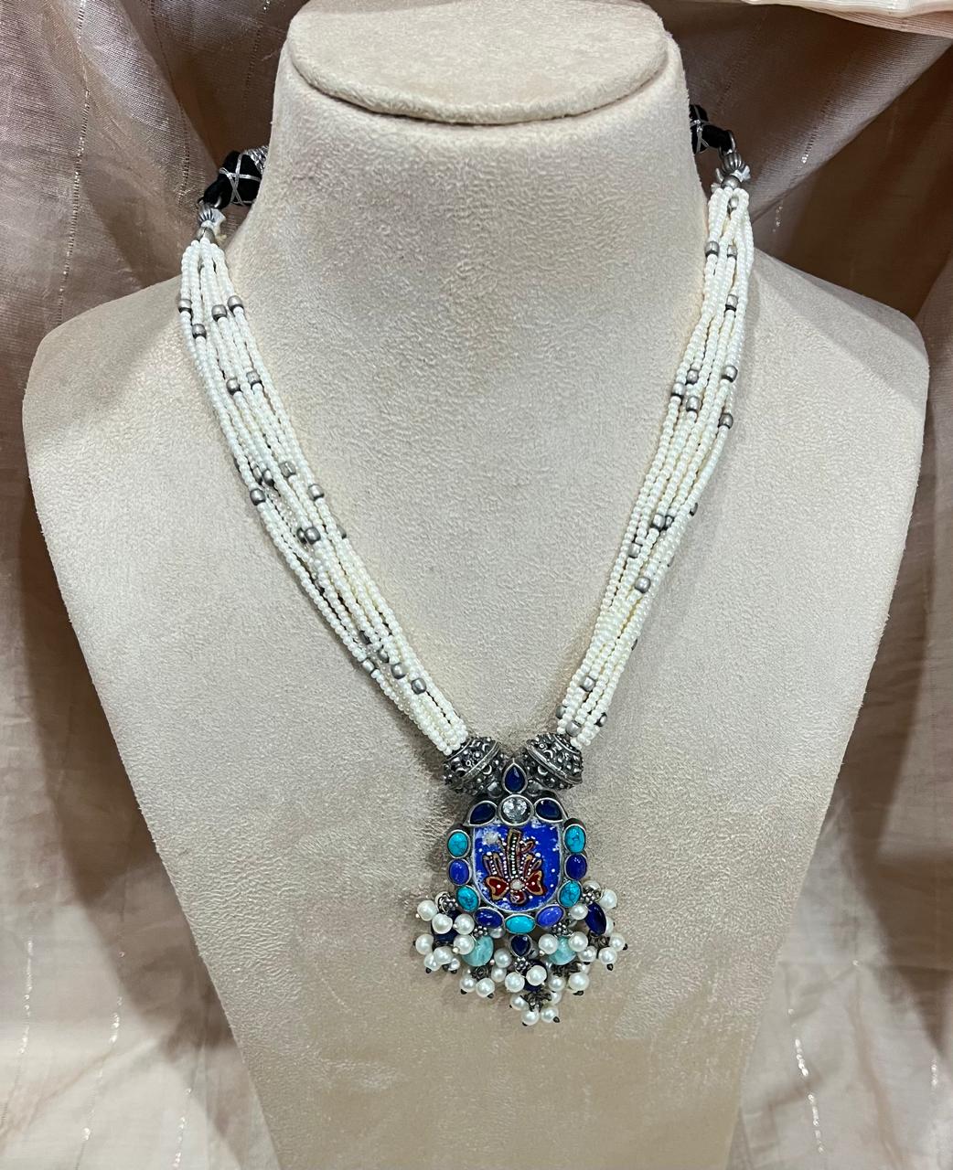 Hand painted pendant with pearl lines necklace