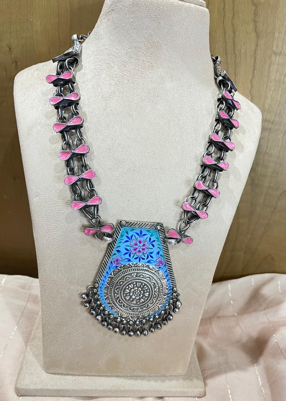Silver replica hand painted  long pendant necklace