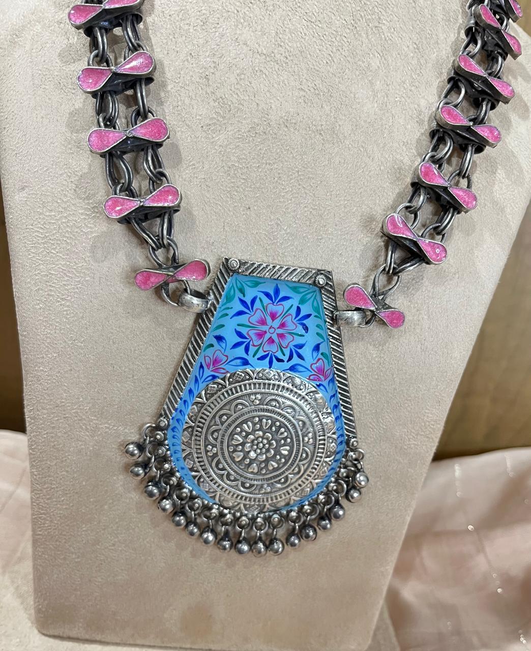 Silver replica hand painted  long pendant necklace