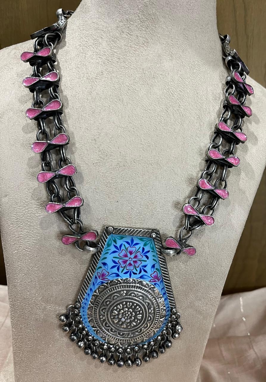 Silver replica hand painted  long pendant necklace