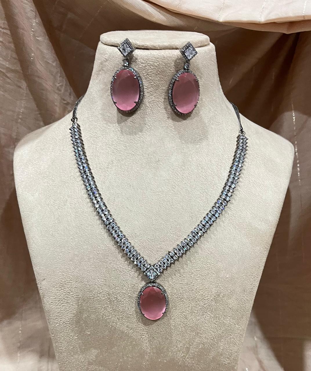 Baby pink Ad Diamond necklace with earrings
