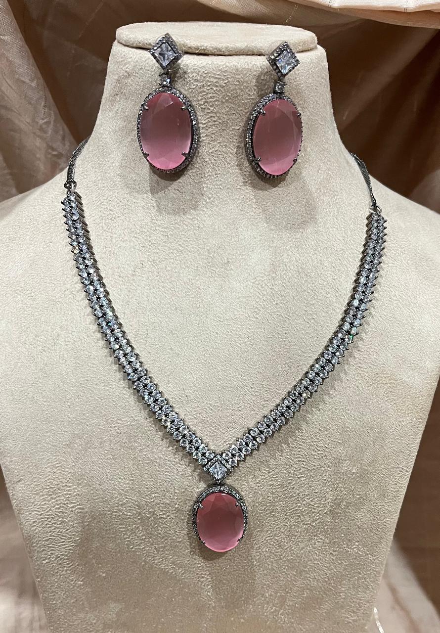 Baby pink Ad Diamond necklace with earrings