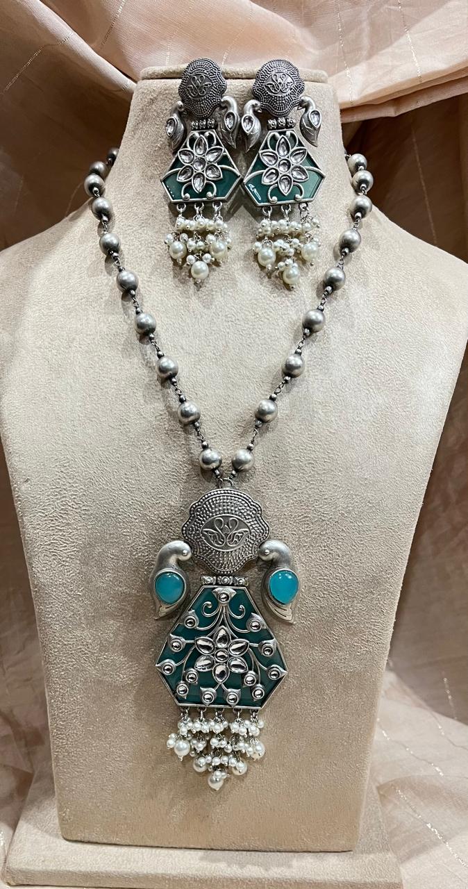 silver replica pendant and long  chain set with earrings