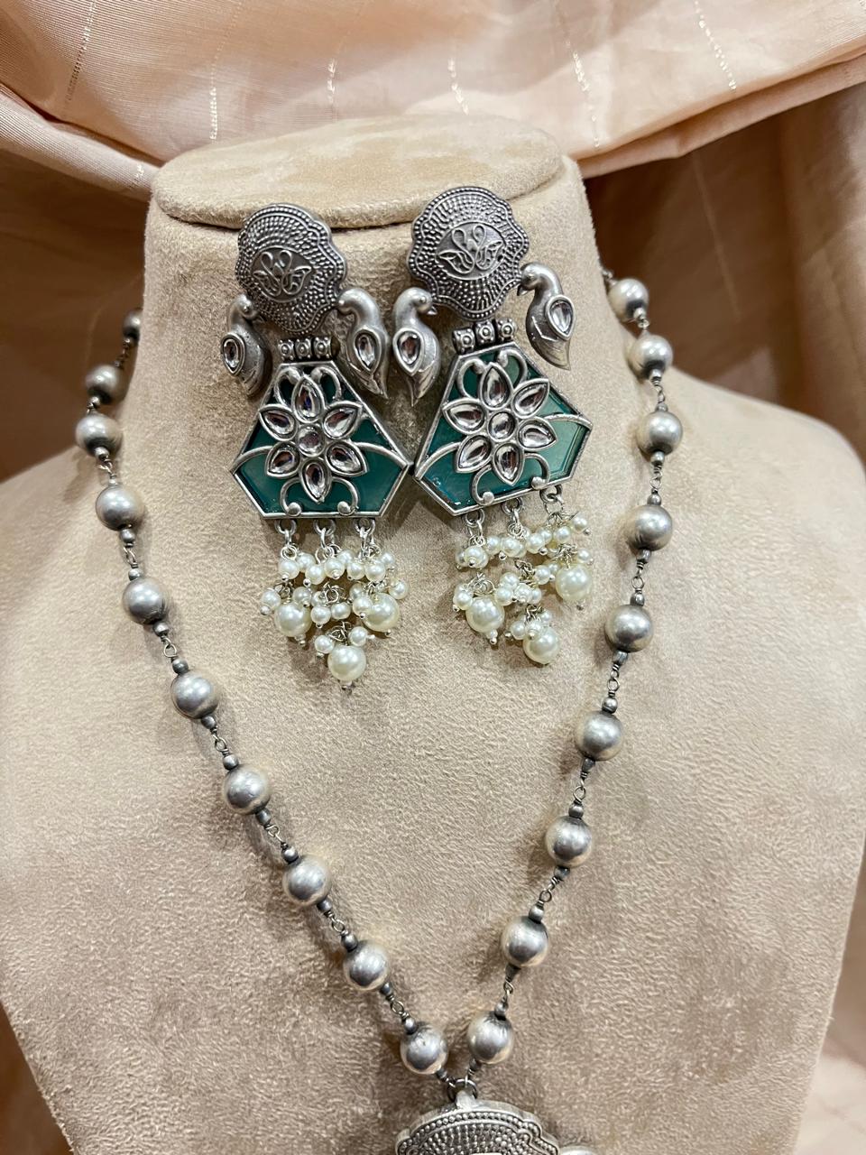 silver replica pendant and long  chain set with earrings