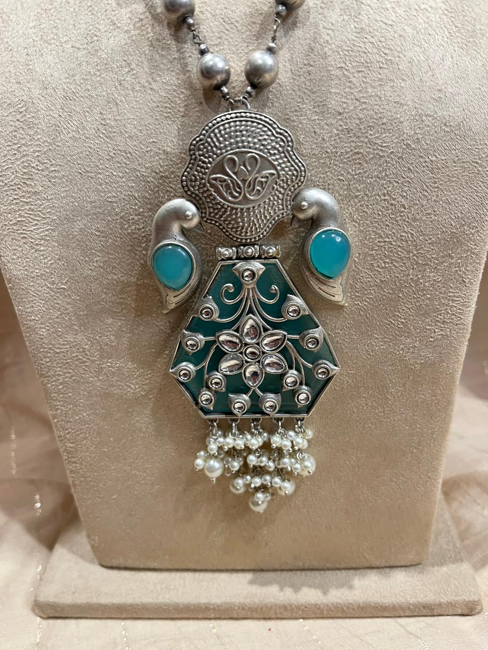 silver replica pendant and long  chain set with earrings