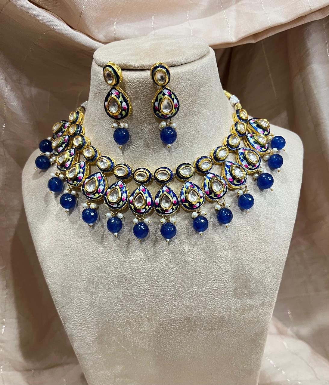 Blue hand painted jadau kundan choker set
