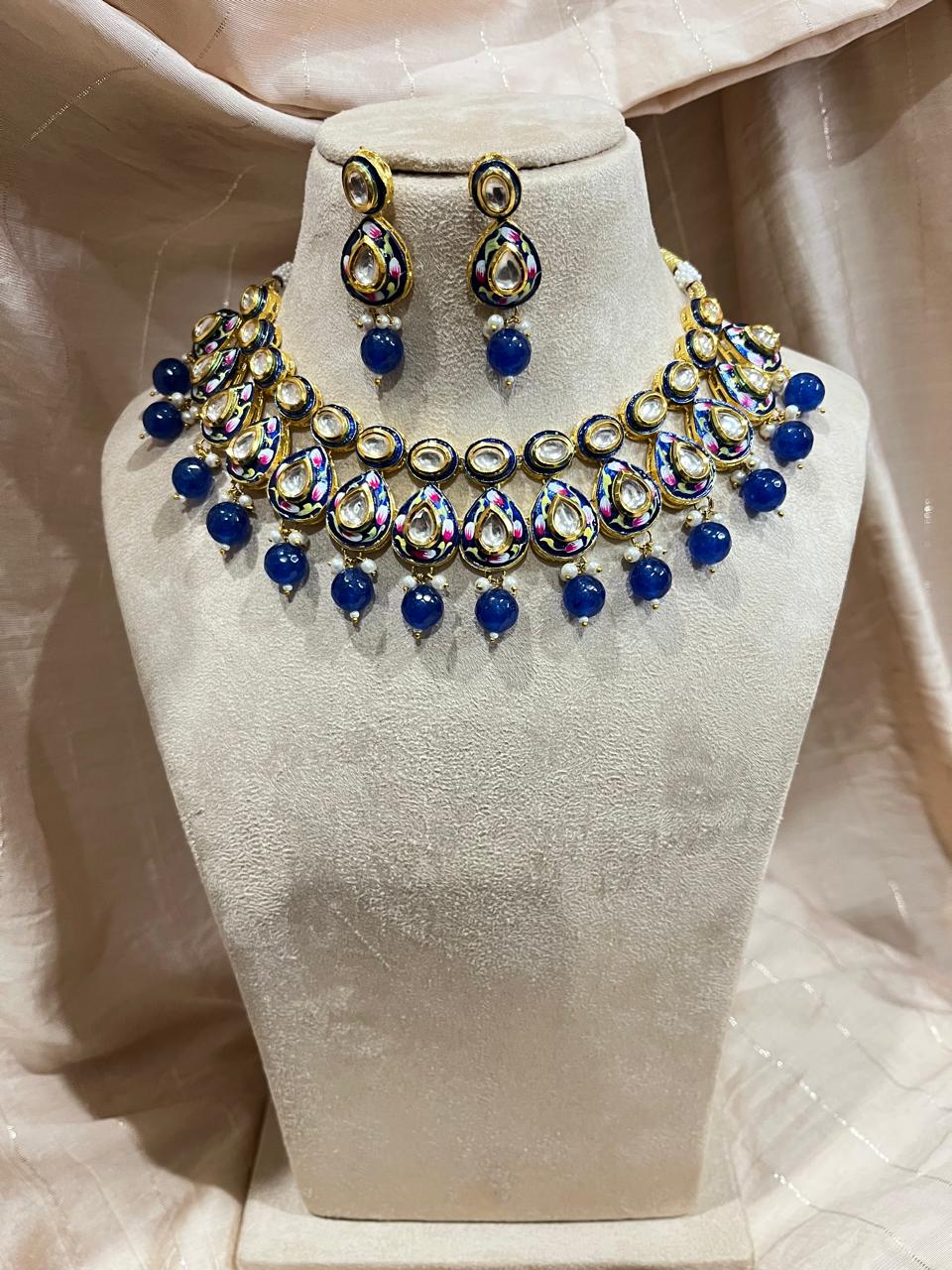 Blue hand painted jadau kundan choker set