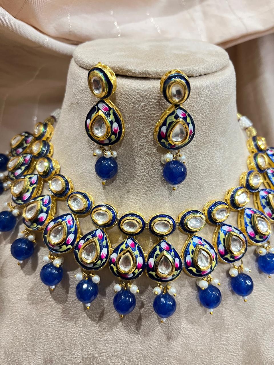 Blue hand painted jadau kundan choker set
