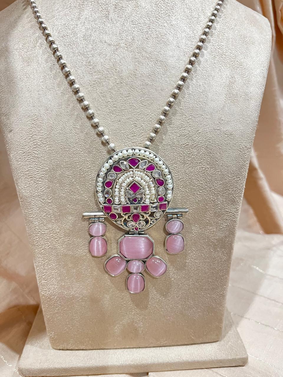 Silver replica stone studded pendant with chain necklace with earrings