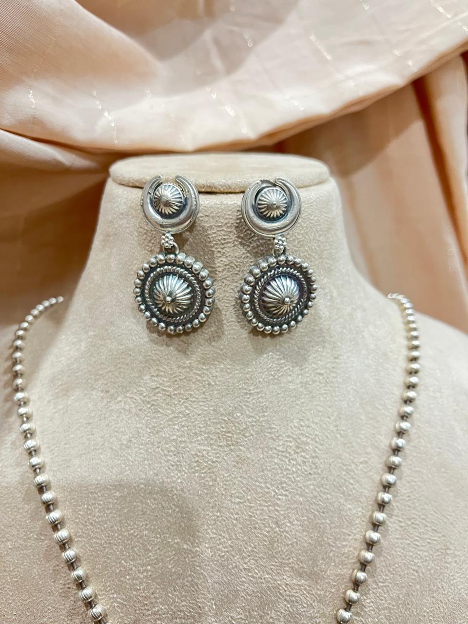 Silver replica stone studded pendant with chain necklace with earrings