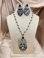 silver replica pendant and long  chain set with earrings