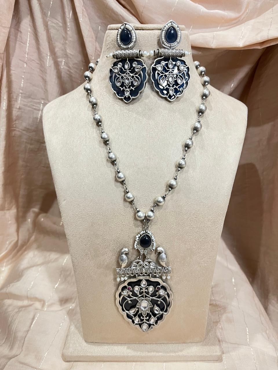silver replica pendant and long  chain set with earrings