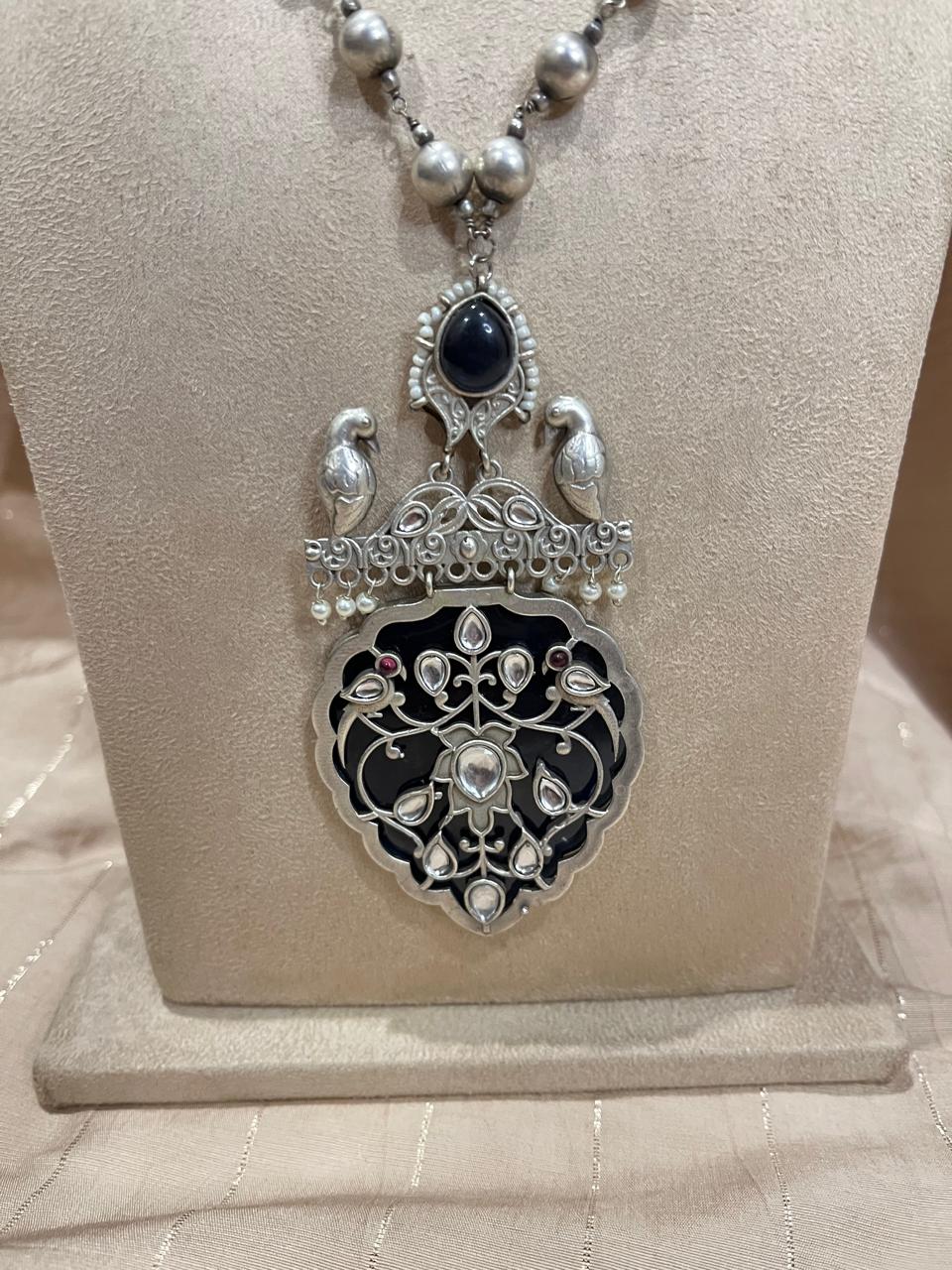 silver replica pendant and long  chain set with earrings