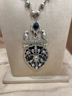 silver replica pendant and long  chain set with earrings
