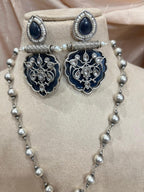 silver replica pendant and long  chain set with earrings