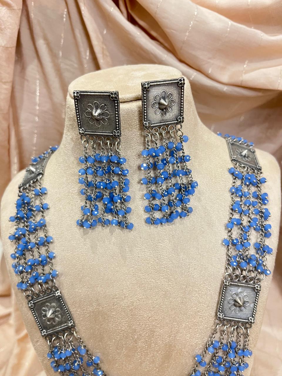 Silver replica bedas jhumkhis with pendant long necklace