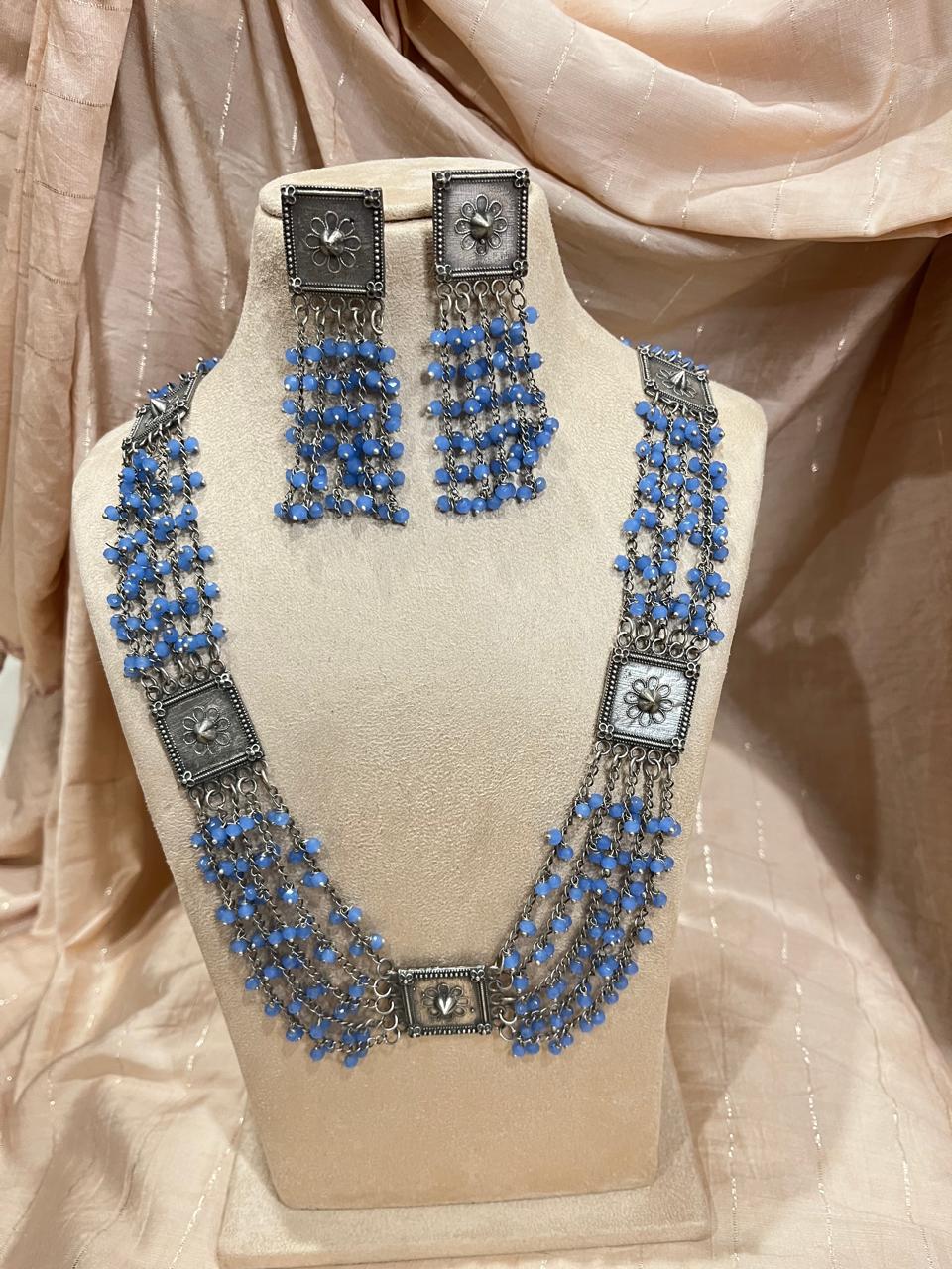 Silver replica bedas jhumkhis with pendant long necklace