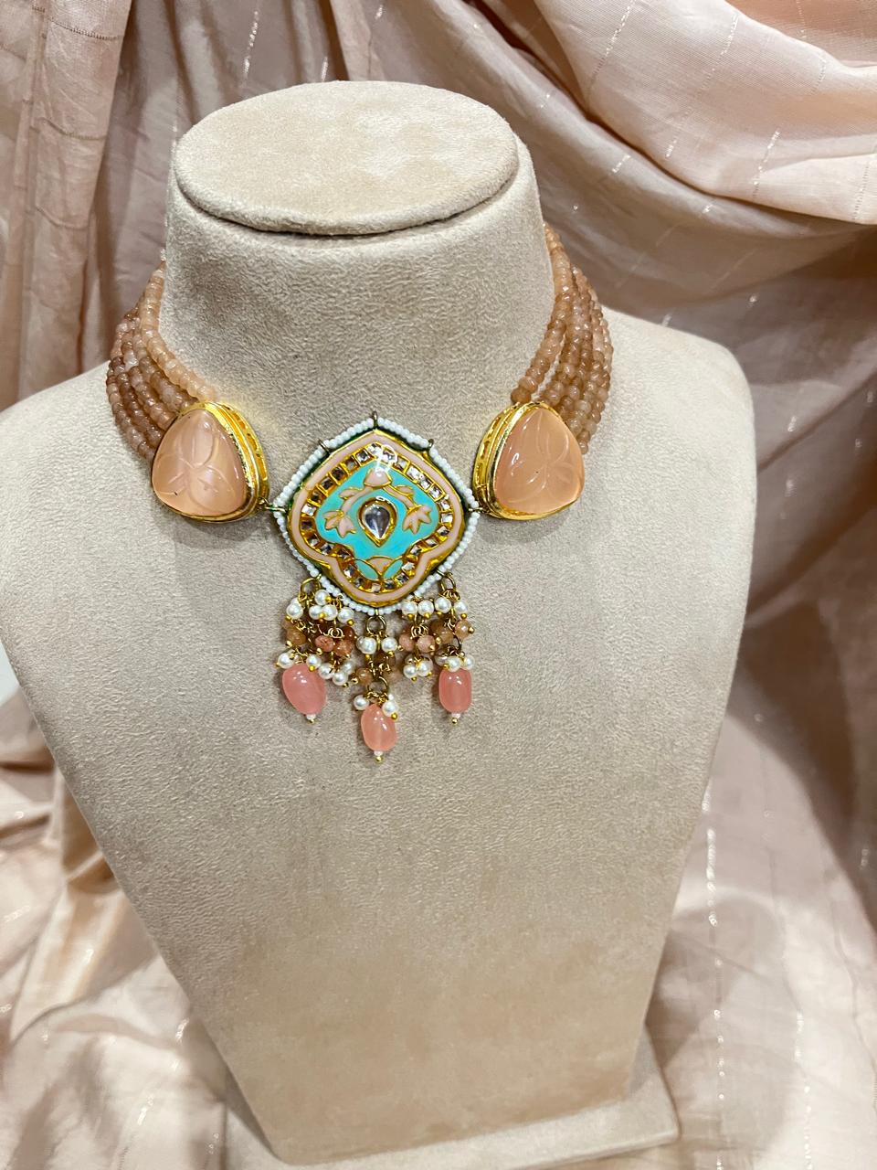 Semi precious beads jadau pendant choker set