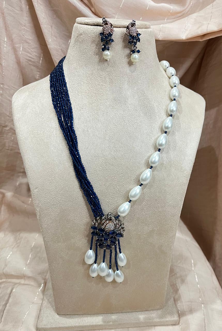 Blue Ad diamond pendant with blue crystal beads and pearl necklace