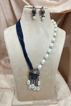 Blue Ad diamond pendant with blue crystal beads and pearl necklace