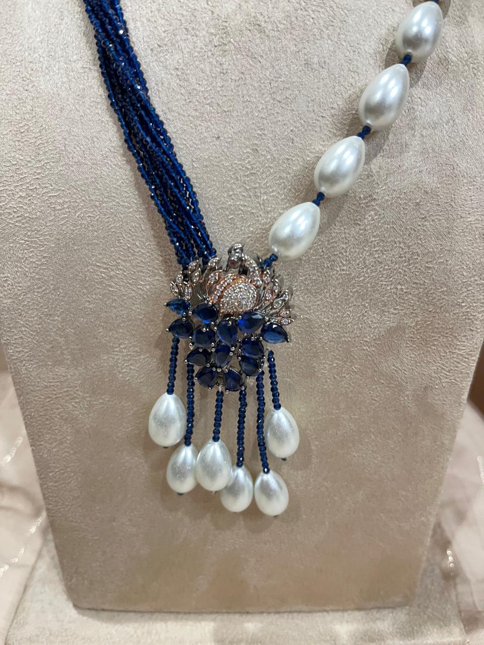 Blue Ad diamond pendant with blue crystal beads and pearl necklace