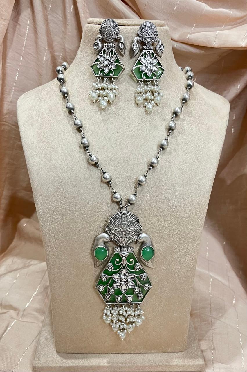 silver replica pendant and long  chain set with earrings