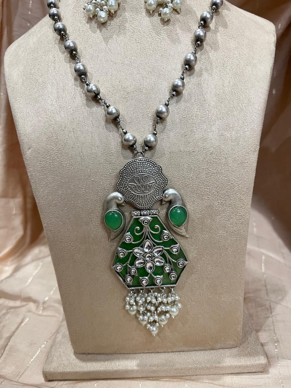 silver replica pendant and long  chain set with earrings