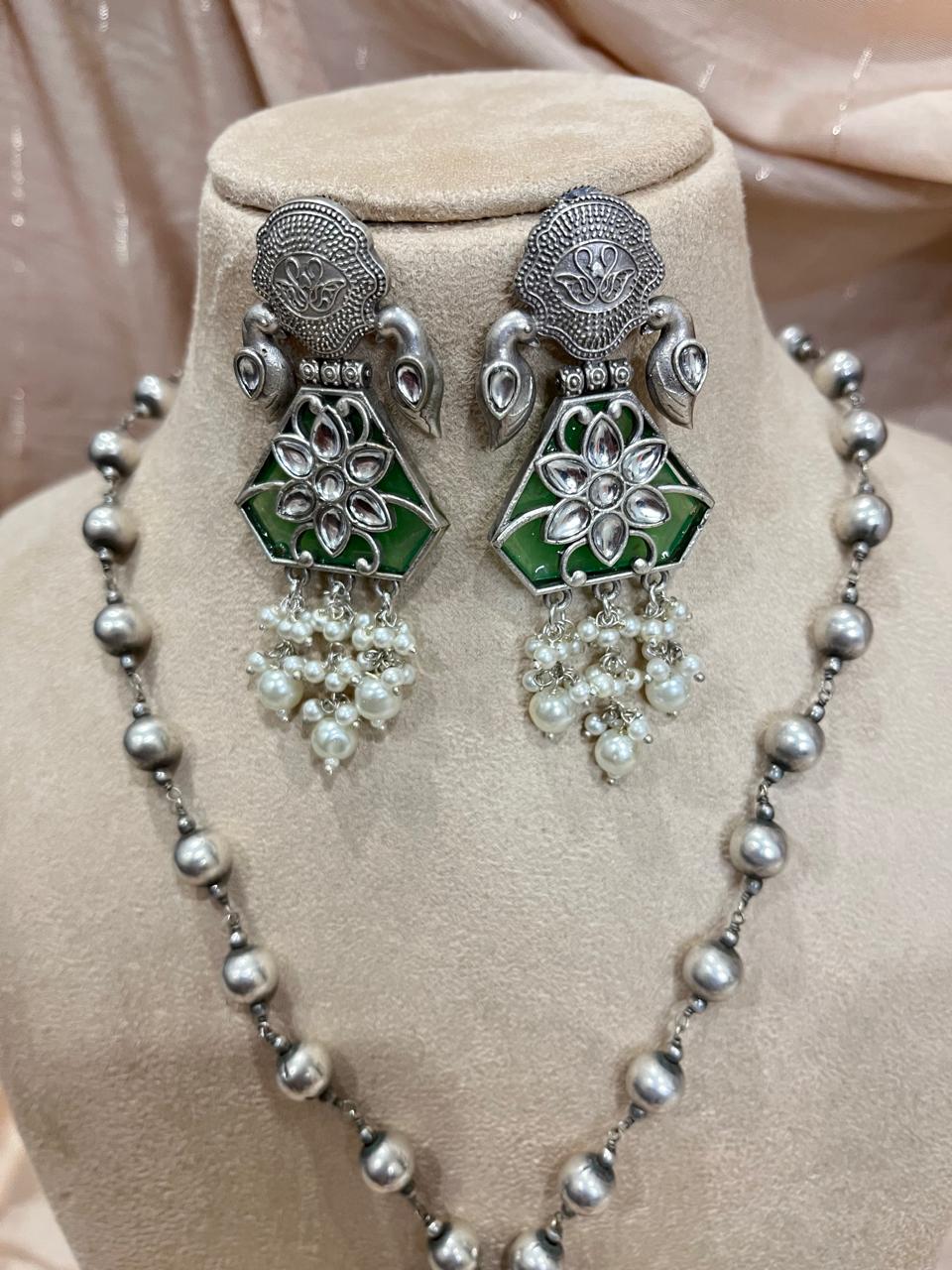 silver replica pendant and long  chain set with earrings
