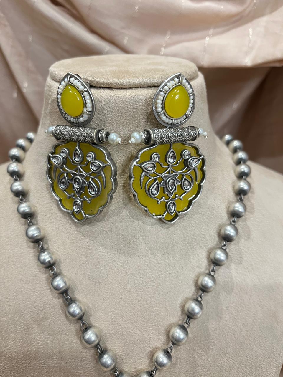 silver replica pendant and long  chain set with earrings