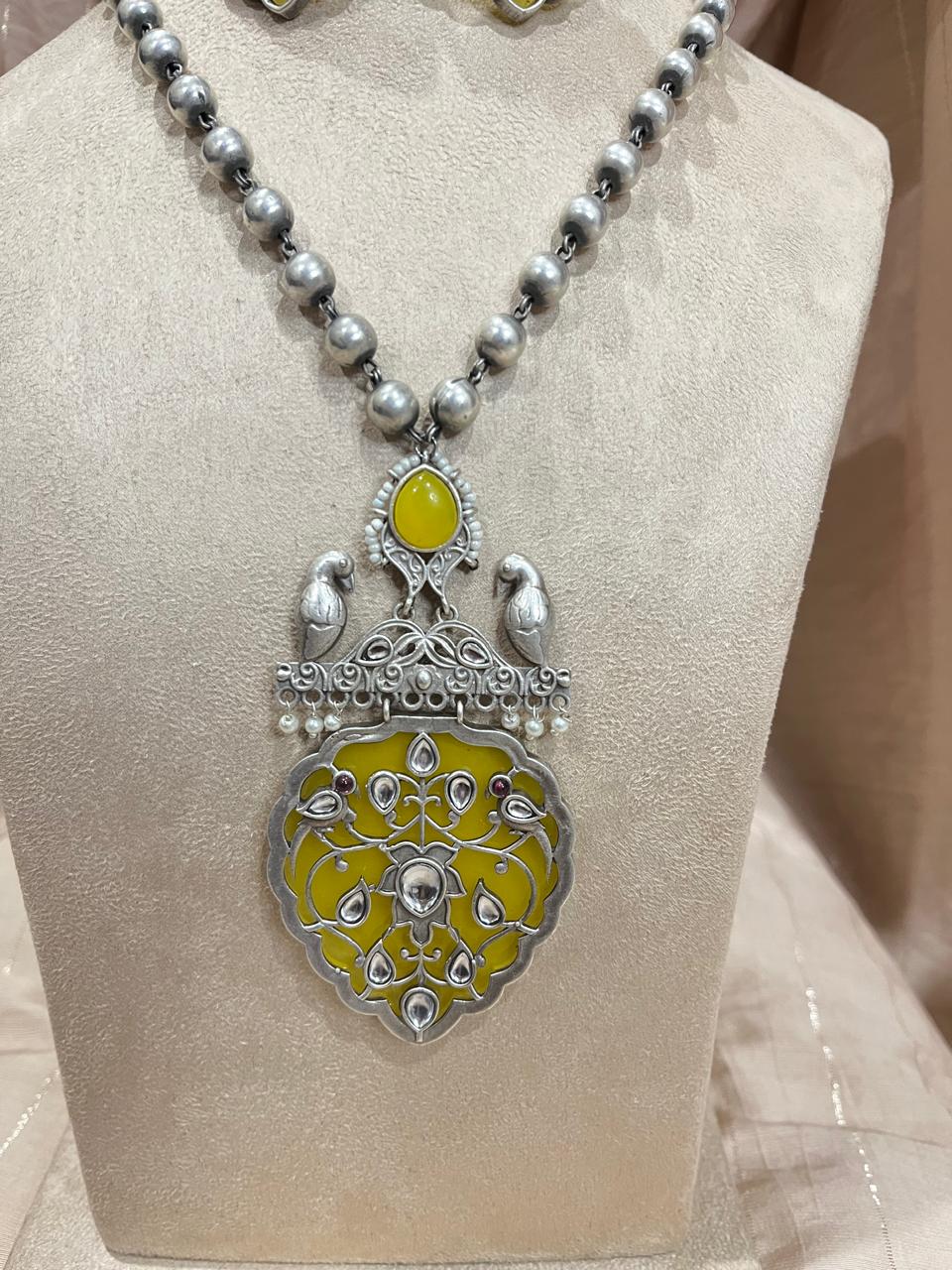 silver replica pendant and long  chain set with earrings