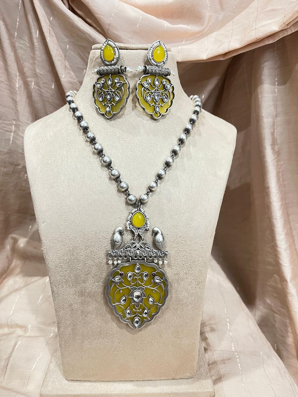 silver replica pendant and long  chain set with earrings