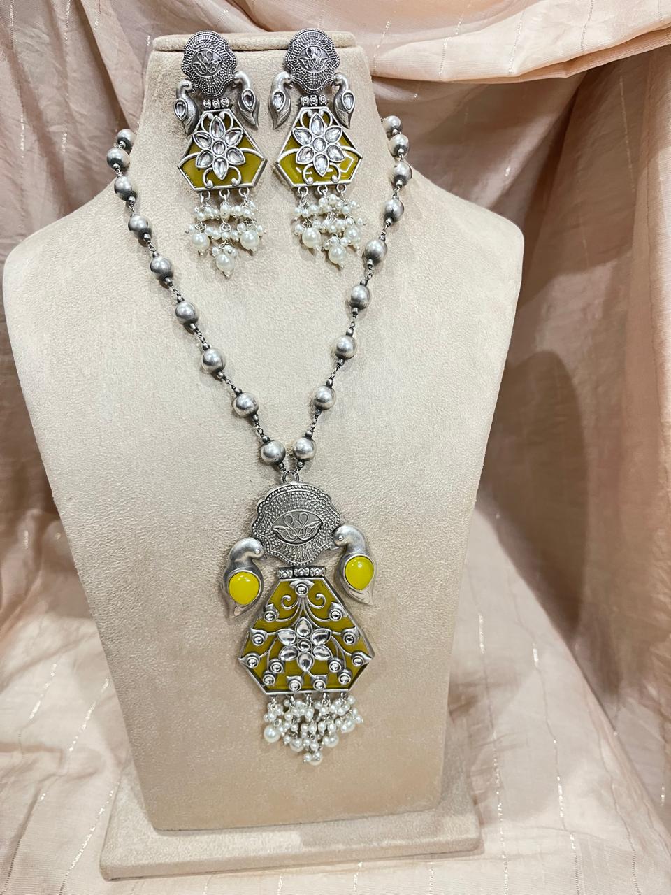 silver replica pendant and long  chain set with earrings