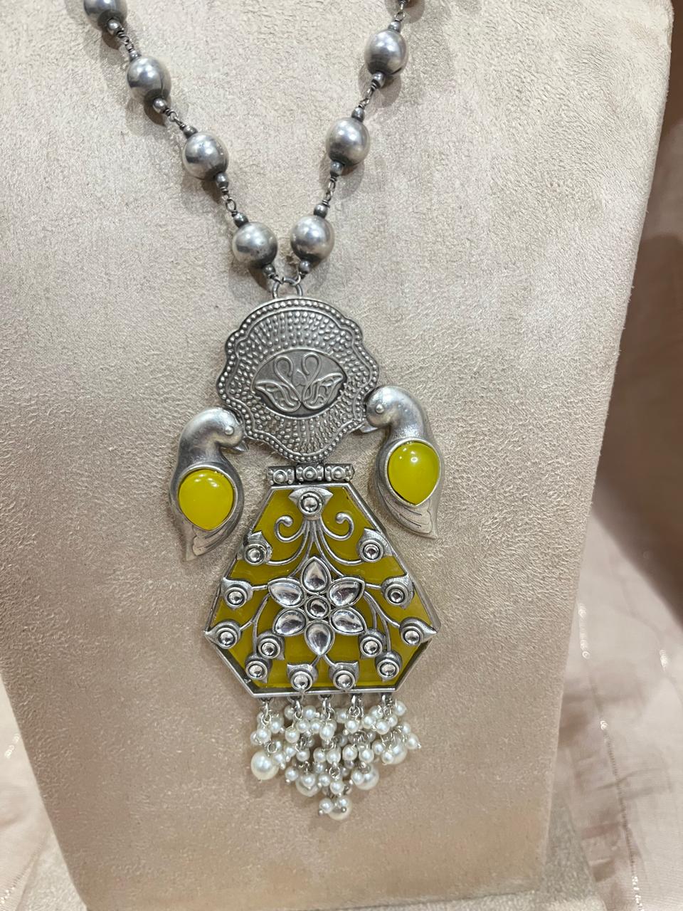 silver replica pendant and long  chain set with earrings