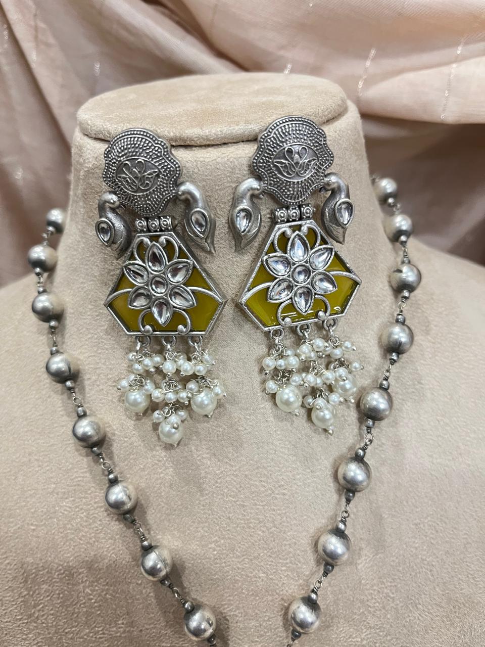 silver replica pendant and long  chain set with earrings